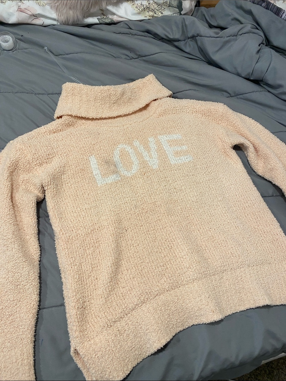 Marled Cream-Peach Plush Funnel Neck Sweater with 'LOVE'. Size medium
